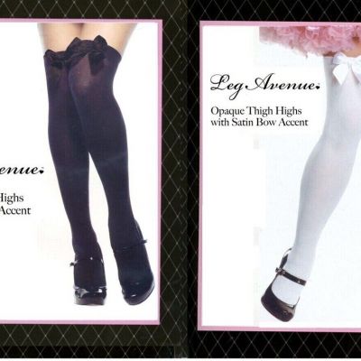 Stockings Plus Size Opaque Satin Bow Adult Thigh High Blk Wht Leg Avenue 6255 Q
