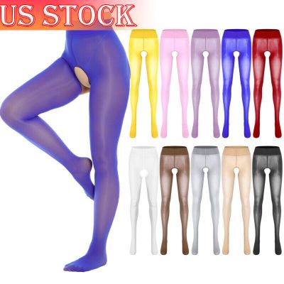 US Women Glossy Crotchless Pantyhose Stockings Mid Waist Stretchy Tight Lingerie