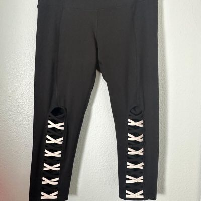 Yogalicious Leggings Womens Large Black Crossover Strap Capri Stretch Workout