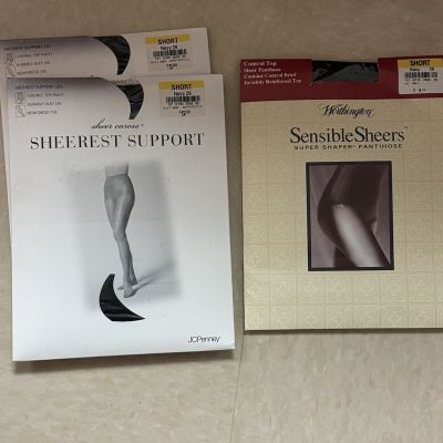 lot3 JC Penney Sheerest Support Pantyhose- Short Navy (2) ,Sensible Sheers (1)