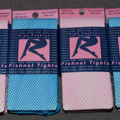 4 New Cathy Rose Fishnet Tights Blue Pink Lot O/S Pantyhose 100-170lbs
