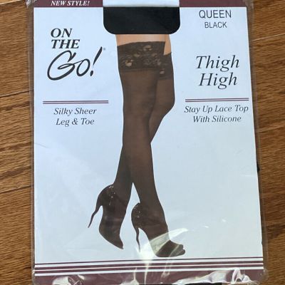 On The Go Lace Top Thigh High Silky Sheer Leg Toe Queen Size Black Stocking