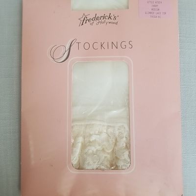 Frederick's Of Hollywood Stocking Thigh-Hi Glimmer Lace Top Ivory Medium NIP VTG