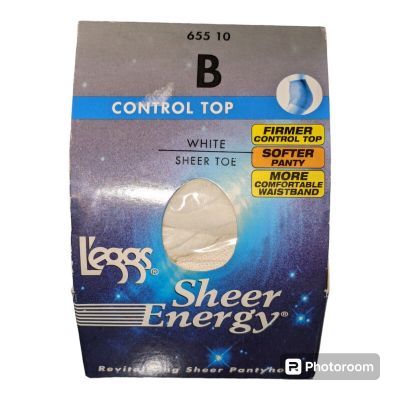 L’eggs Sheer Energy Control Top SIZE B Pantyhose WHITE Sheer Toe  65510 NEW