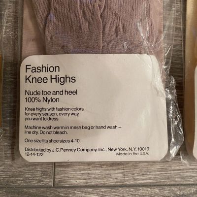 4 Pairs Vintage 1980’s JC Penney Nylon Nude Toe Fashion Knee Highs