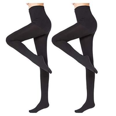 2 Pairs Fleece Lined Tights Women,Opaque Warm Winter Thermal Large Black