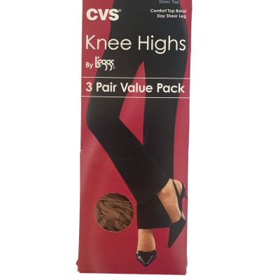 cvs knee highs by L’eggs 3 Pair One Size Suntan Sheer Toe 2005 Made In USA