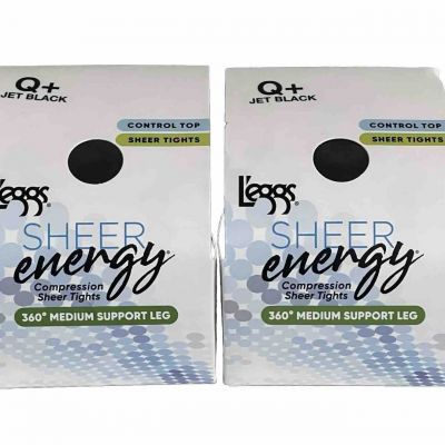 2 L'eggs Sheer Energy Control Top Sheer Tights Size Q Jet Black 360 Degree Sup.
