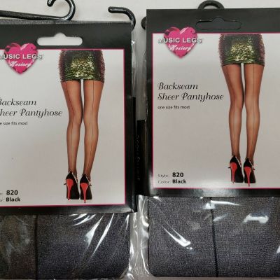 2 Pair Average size womens pantyhose with seam BLACK Color with Black seams