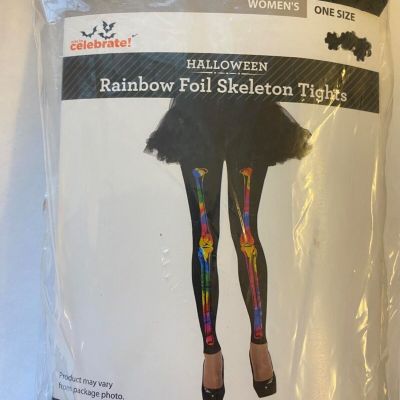 1 pair woman black rainbow skeleton tights trick treat costume one size footless