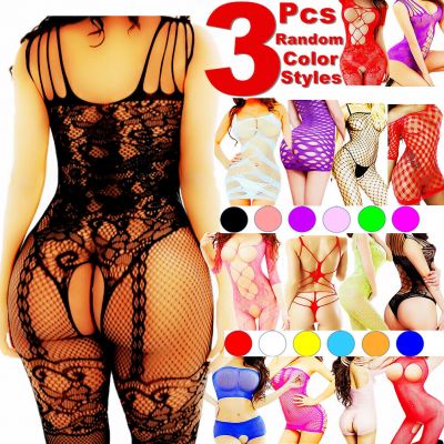 3PCS Women Bodystocking Sexy Lingerie Babydoll Bodysuit Sleepwear Stocking Dress