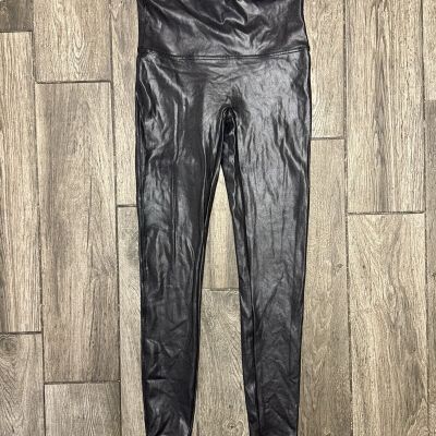 SPANX Faux Leather Black Shimmery Metallic Leggings Large LRG